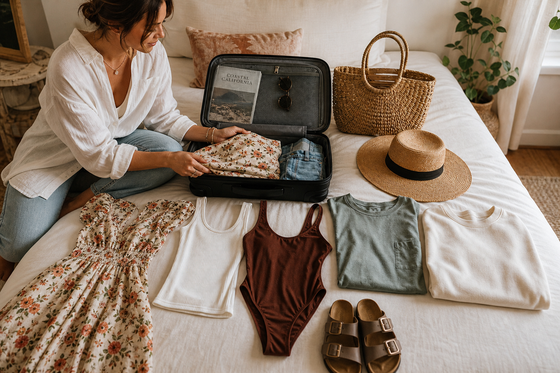 Woman packing a floral dress, tank top, swimsuit, T-shirt, sweatshirt, sandals, and hat into a carry-on suitcase