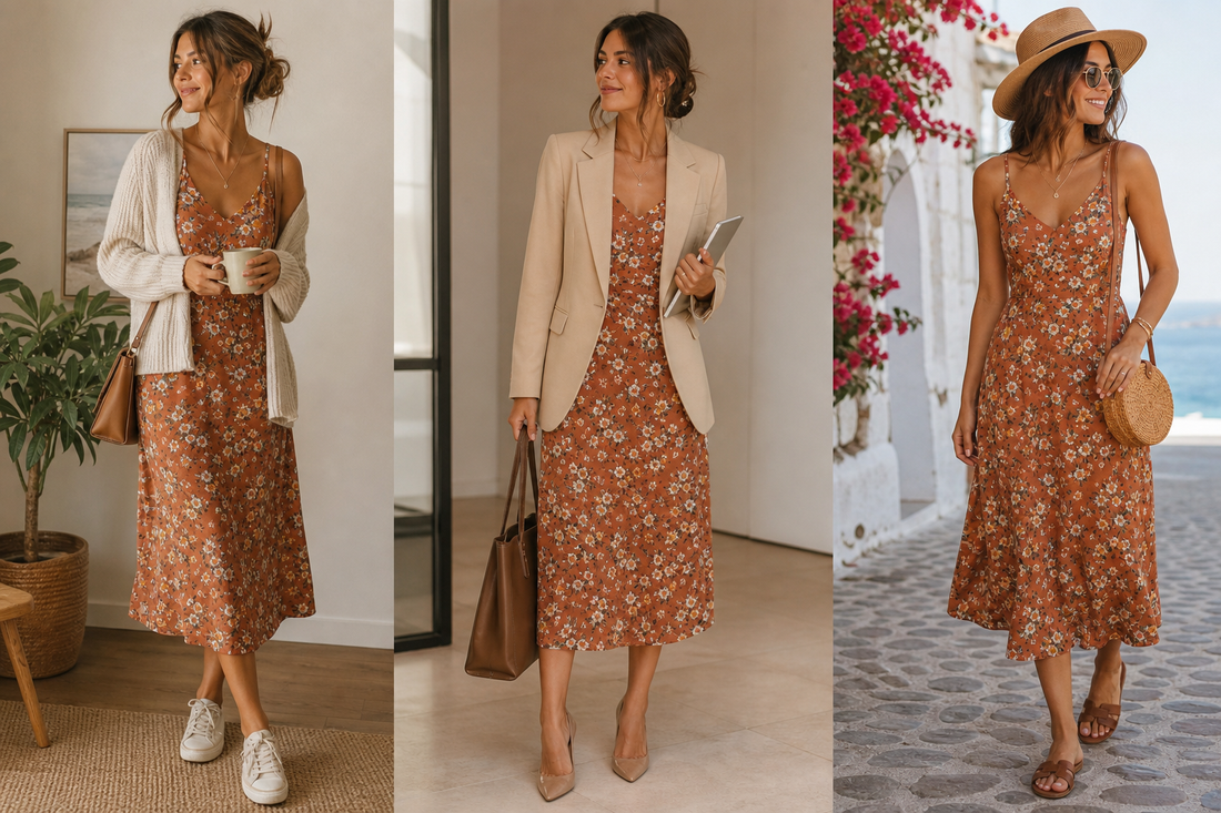 Woman in a floral dress styled for casual, work, and vacation settings