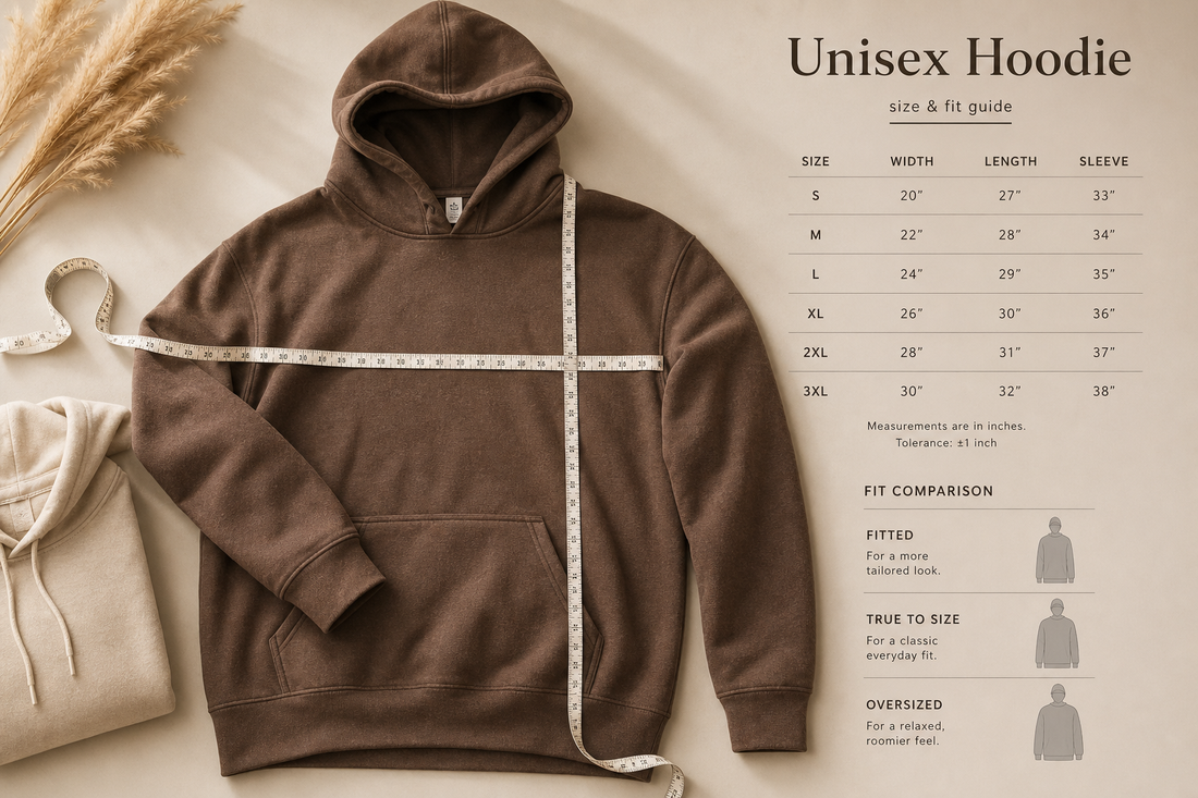 Unisex hoodie folded beside a tape measure on a neutral surface