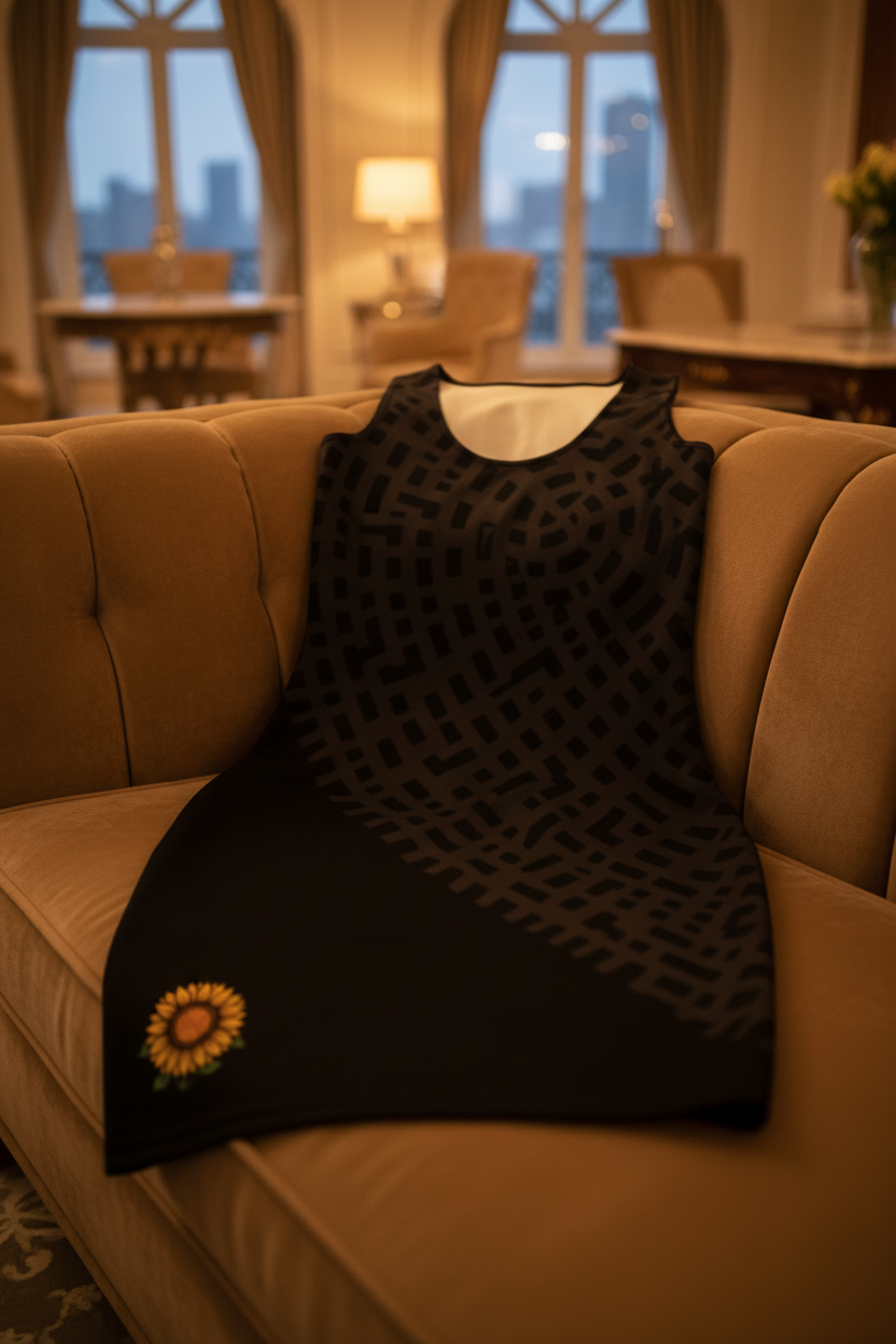 Black textured dress with a yellow flower design on a beige sofa in a room with large windows.