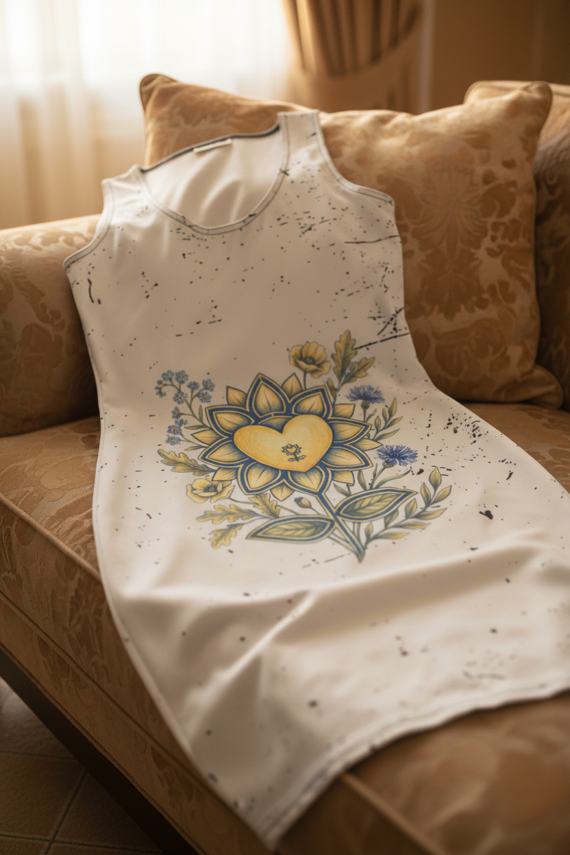 White tank top with floral design on a brown couch