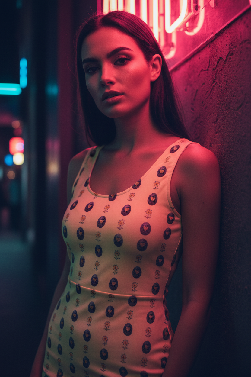 Woman in a polka dot dress standing against a neon-lit wall.