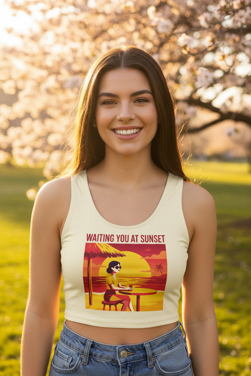 Woman wearing a tank top with a sunset design in a park