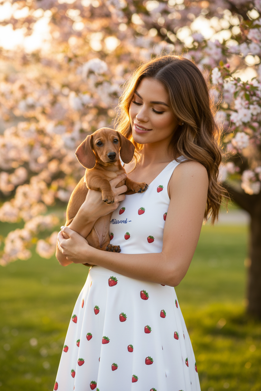 Strawberry white Alivwood cotton skater dress with all-over strawberry print, fitted bodice, and mid-thigh flared skirt