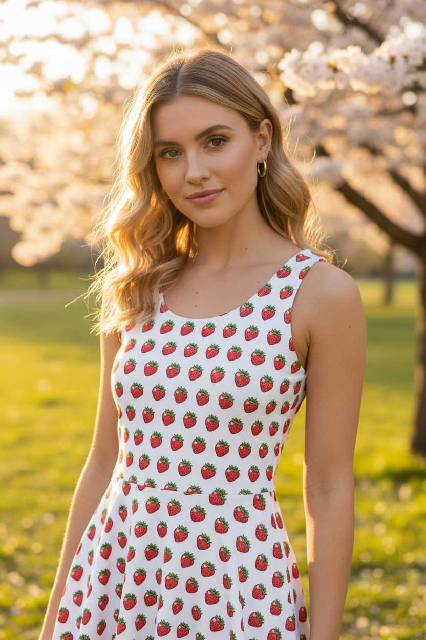 Strawberry White Cotton skater dress with all-over strawberry print, fitted bodice, and mid-thigh flared skirt