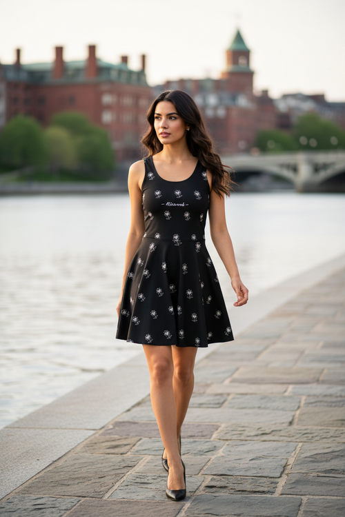 Alivwood flower allBlack Cotton skater dress - Alivwood