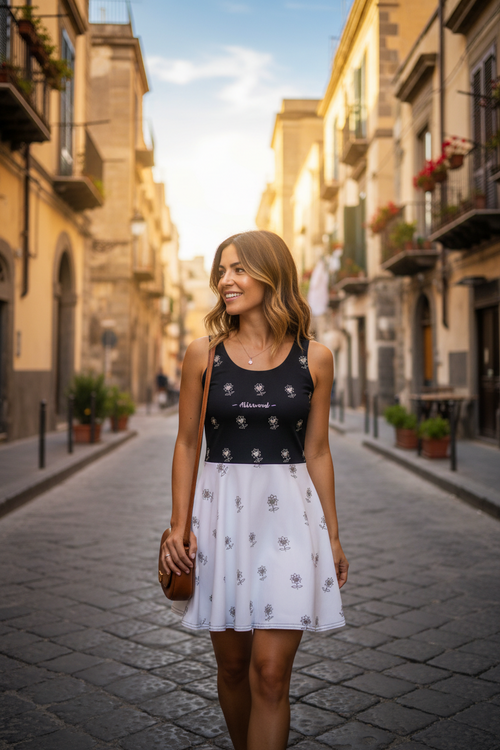 Alivwood flower Top Black Bottom White Cotton skater dress - Alivwood