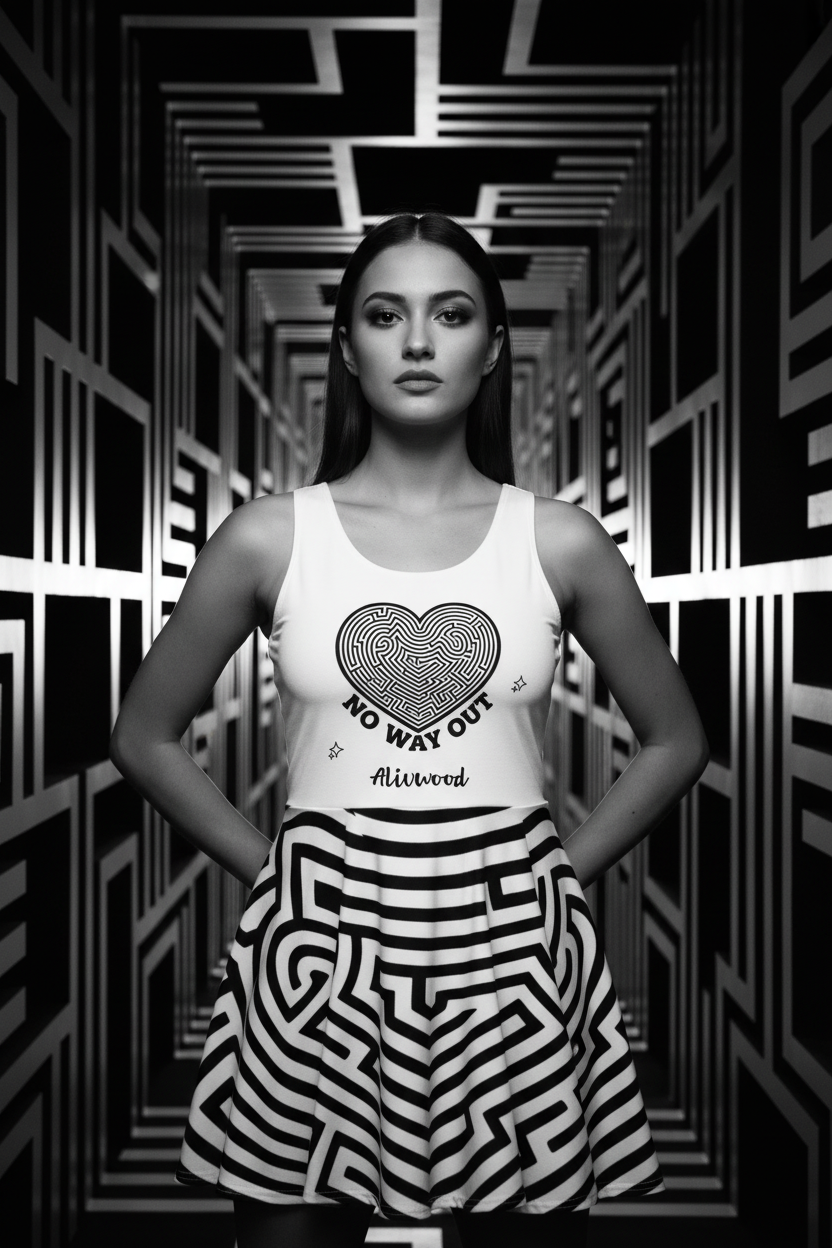 Woman wearing a tank top with a heart design and text in a black and white geometric patterned room.