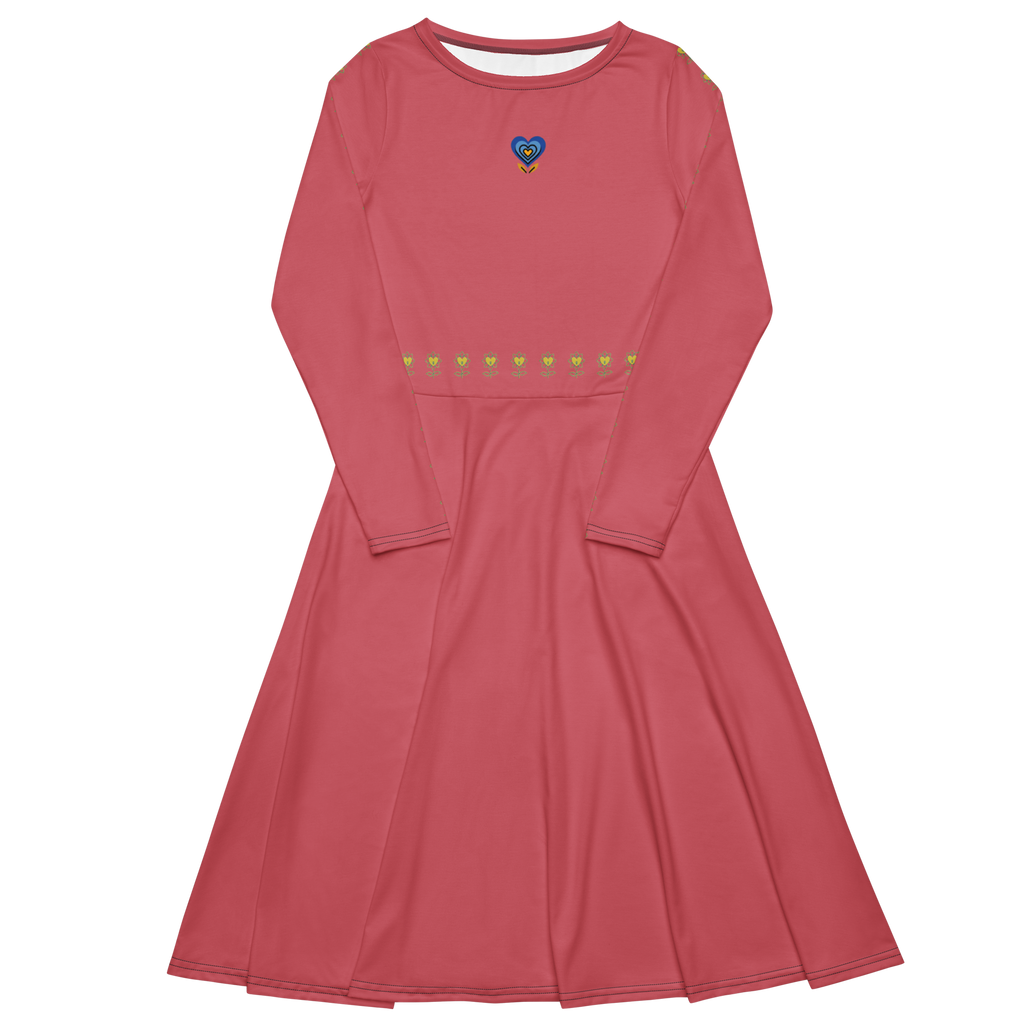 Blue Heart and Flowers All-over print long sleeve midi dress - Alivwood