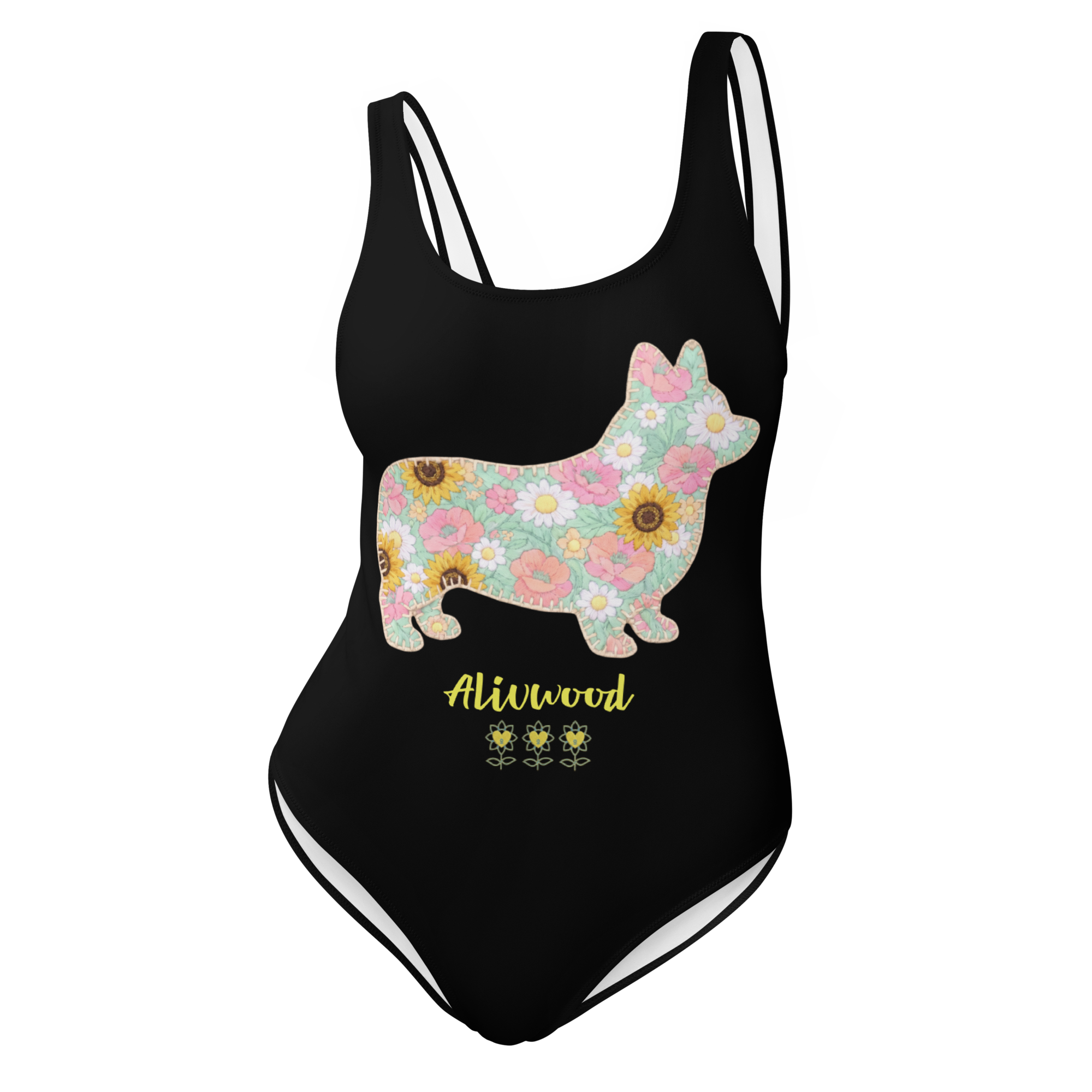 Flower dog Black One-Piece Swimsuit - Alivwood