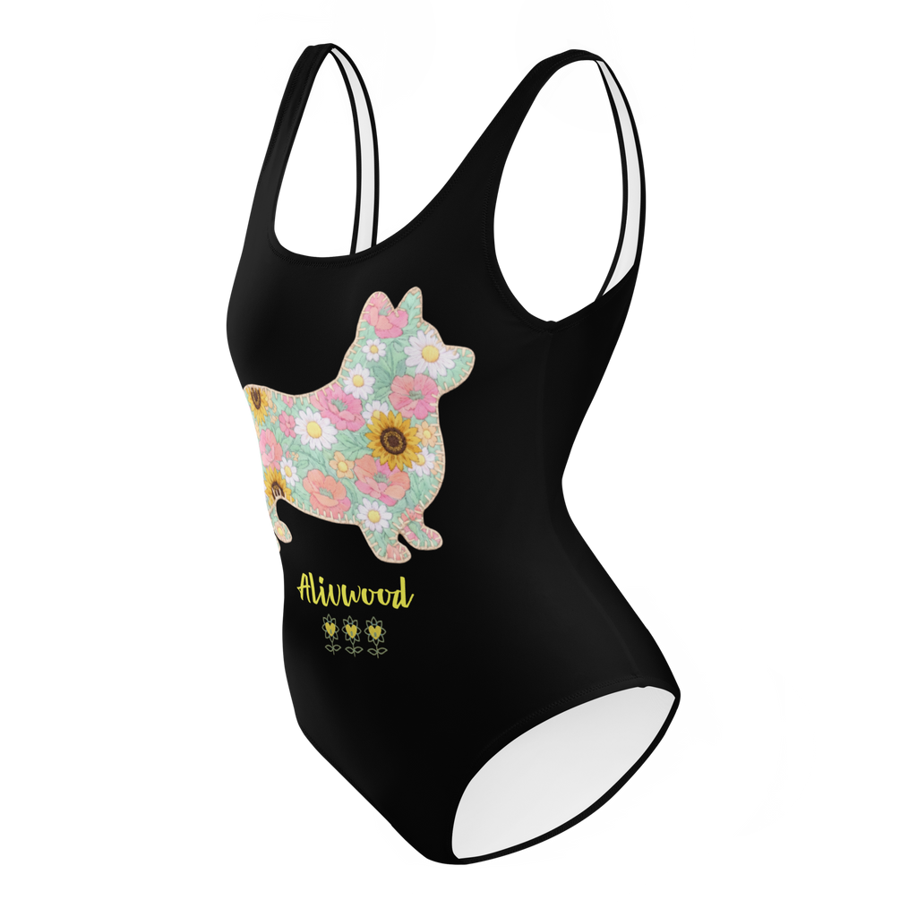 Flower dog Black One-Piece Swimsuit - Alivwood