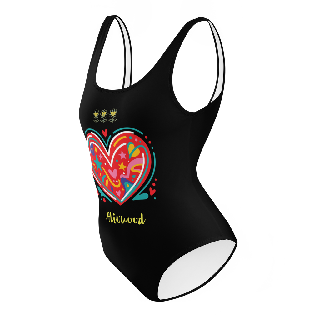 Big Heart Black One-Piece Swimsuit - Alivwood
