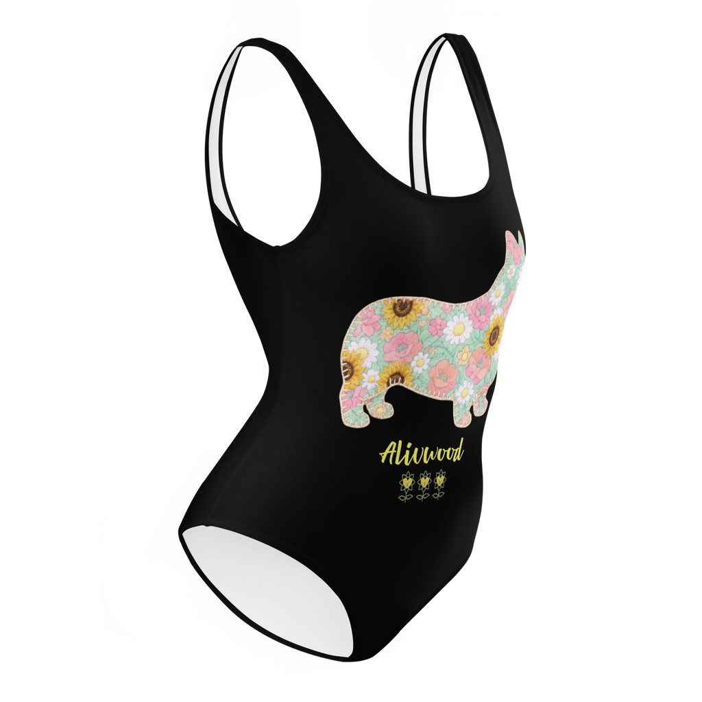 Flower dog Black One-Piece Swimsuit - Alivwood