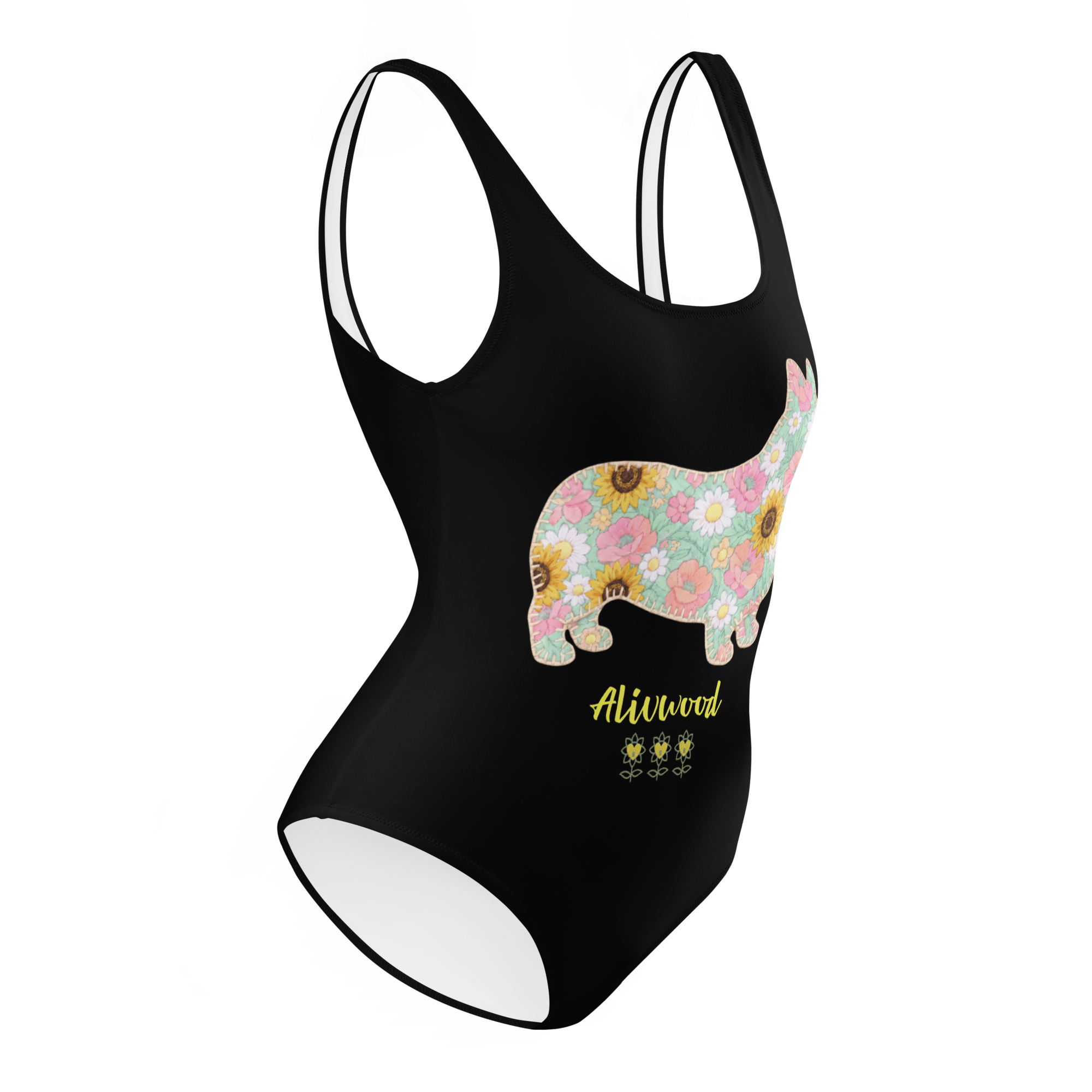 Flower dog Black One-Piece Swimsuit - Alivwood