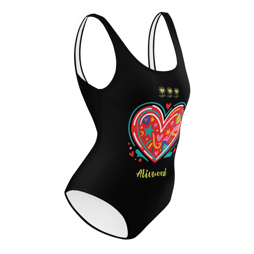 Big Heart Black One-Piece Swimsuit - Alivwood
