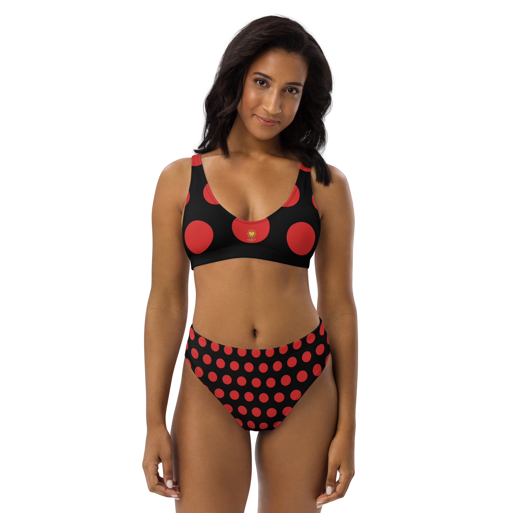 Red dot Black Recycled high-waisted bikini - Alivwood