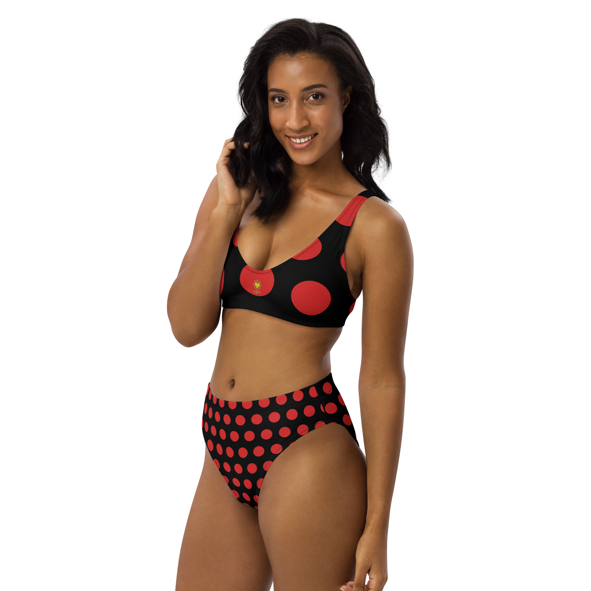 Red dot Black Recycled high-waisted bikini - Alivwood