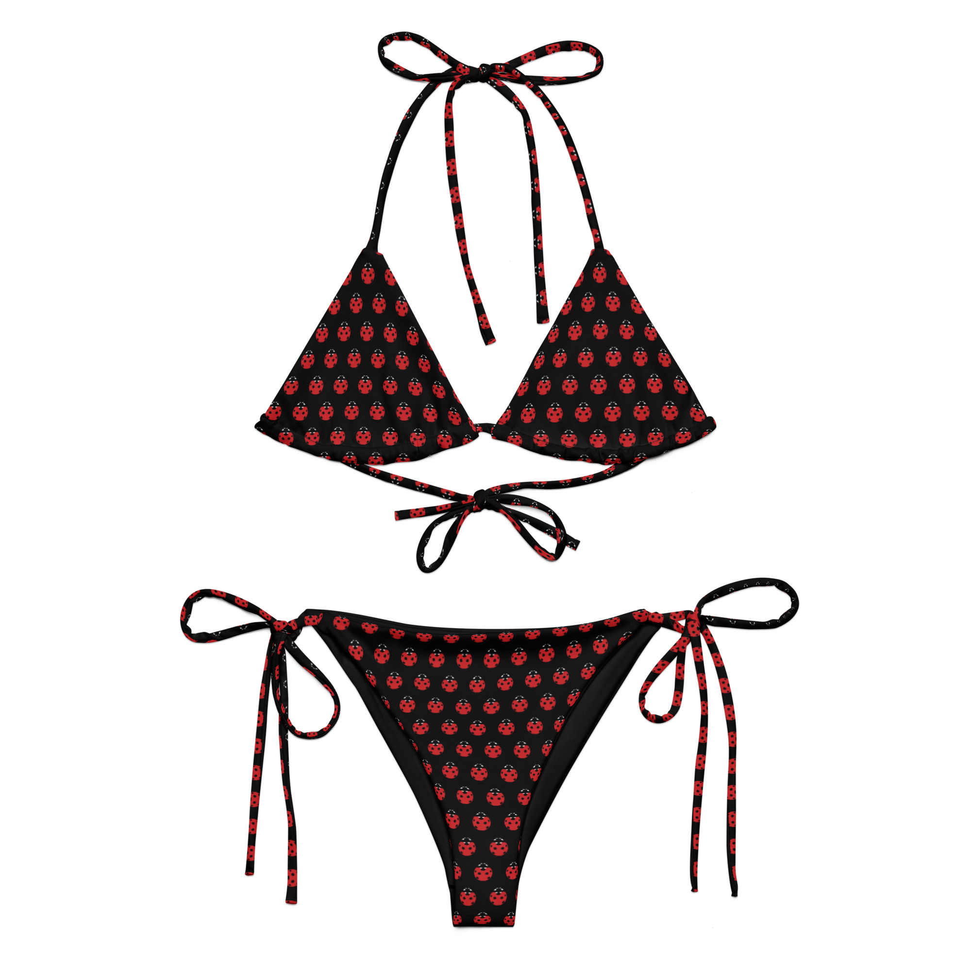 Ladybug Black All-over print recycled string bikini - Alivwood