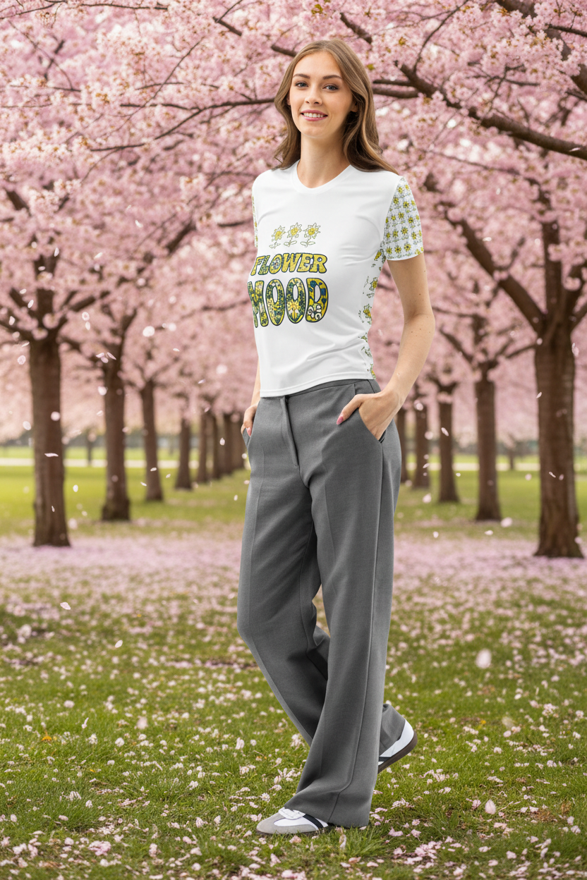 Woman standing in a cherry blossom garden wearing a white t-shirt with text and gray pants.