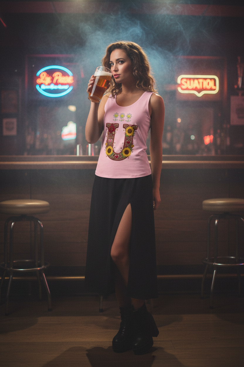 Woman holding a beer in a bar with neon signs in the background