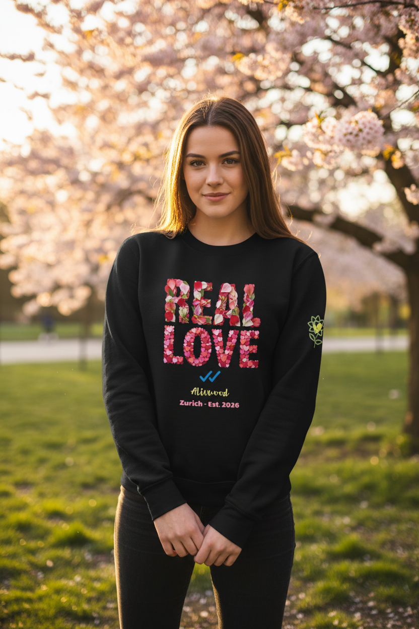 Person wearing a black sweatshirt with 'REAL LOVE' text, standing in a park with cherry blossoms.