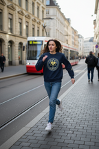 Woman running on a city street with a tram in the background