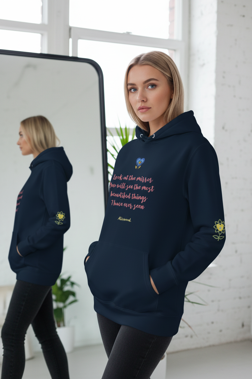 Look at the mirror unisex eco hoodie in organic cotton with front pouch pocket and double-layered hood
