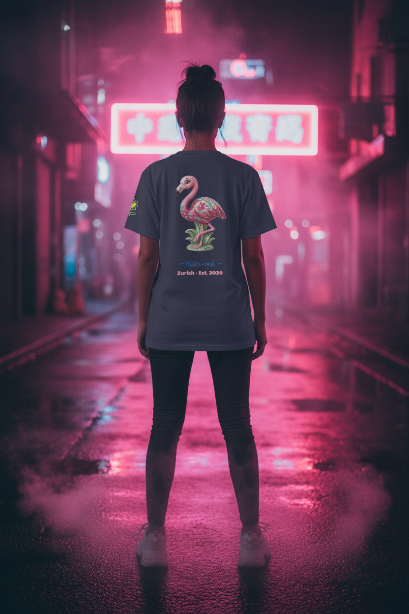Person wearing a t-shirt with a flamingo design in a neon-lit urban setting