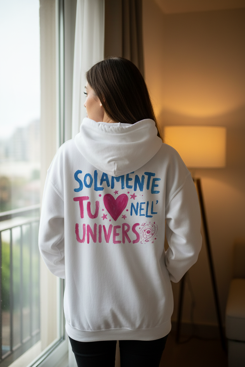 A woman viewed from behind wearing a white hoodie with colorful text on the back reading 'SOLAMENTE TU NELL'UNIVERSO' in blue and pink, standing by a window in a warmly lit room.
