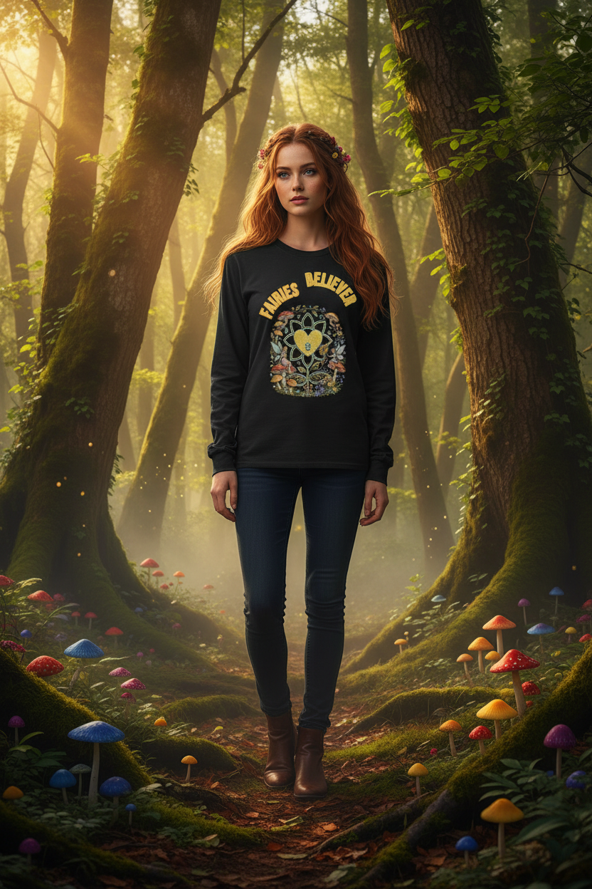 Woman standing in a mystical forest with colorful mushrooms and a dark long-sleeve shirt.