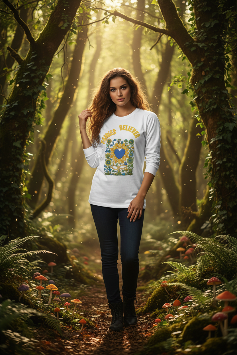 Woman wearing a white sweatshirt with a colorful design in a forest setting