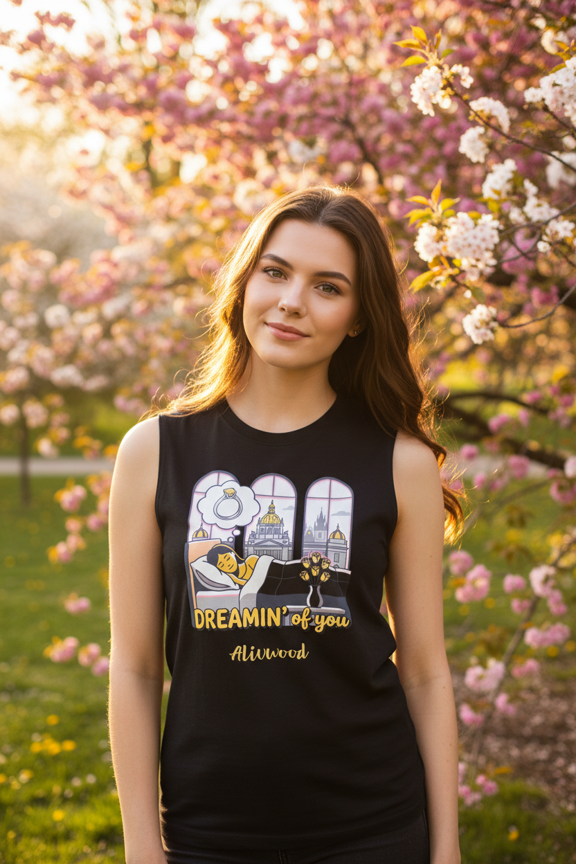 Woman wearing a black sleeveless shirt with a graphic design in a park with cherry blossoms.
