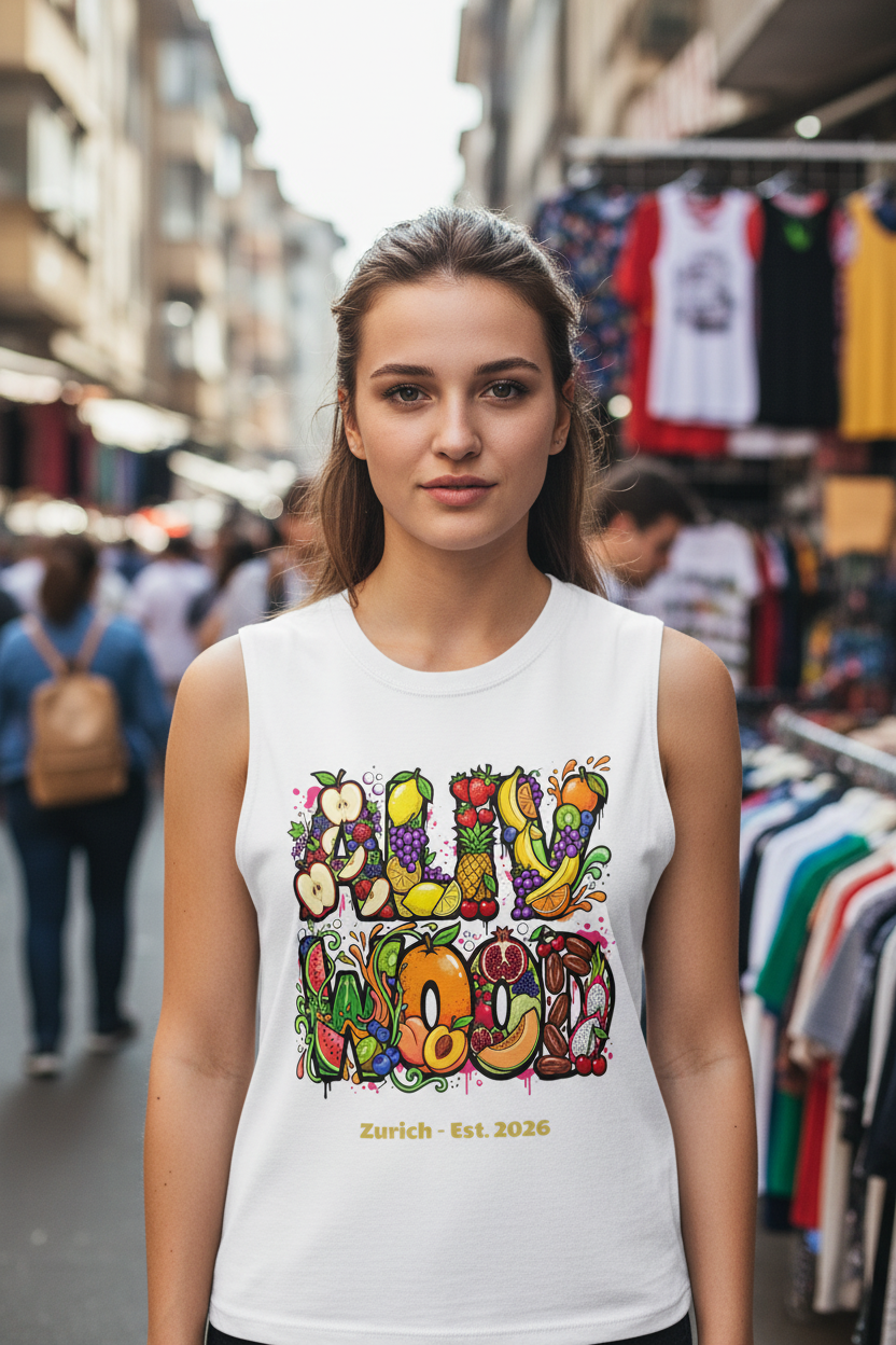 Woman wearing a white sleeveless shirt with colorful text and fruit design in an outdoor market setting.