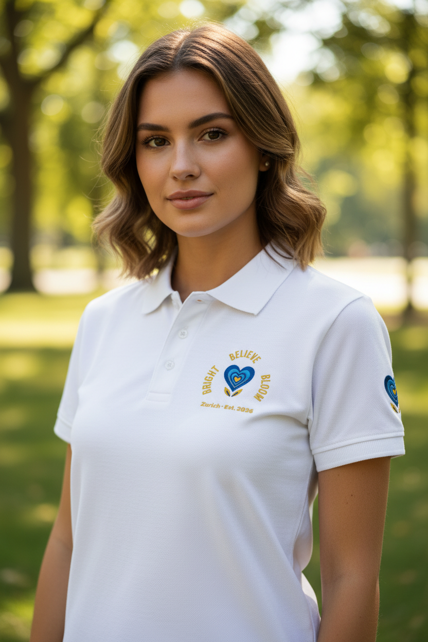 Woman wearing a white polo shirt with a logo in a park setting