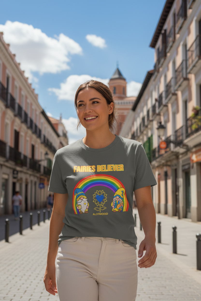 Woman wearing a t-shirt with rainbow design and text in an urban setting
