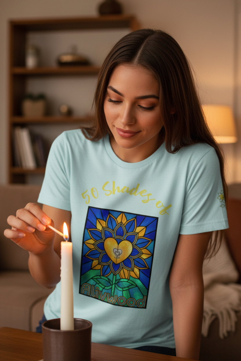 Woman lighting a candle wearing a t-shirt with a colorful design and text.