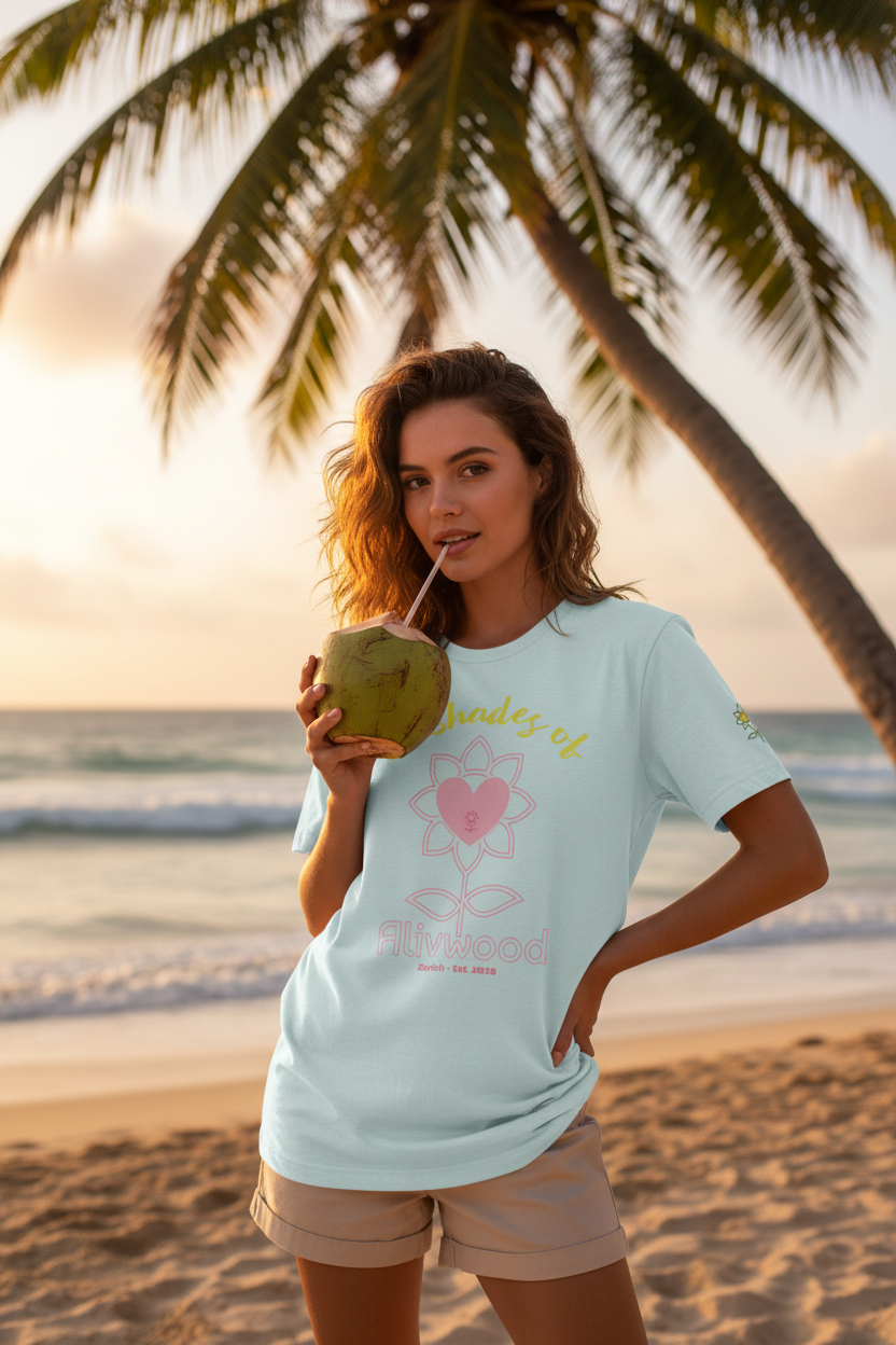 Woman holding a coconut on a beach with palm trees and sunset in the background