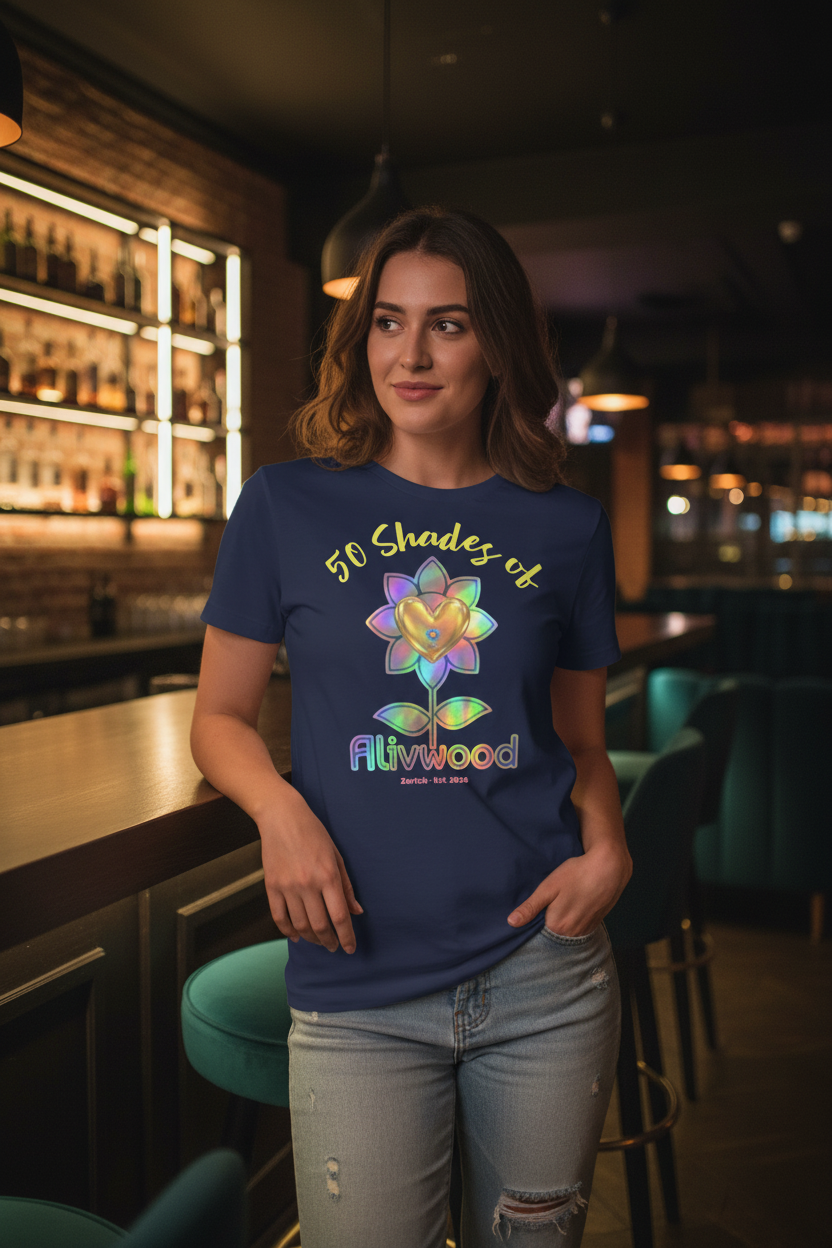 Woman wearing a blue t-shirt with colorful flower design and text in a bar setting