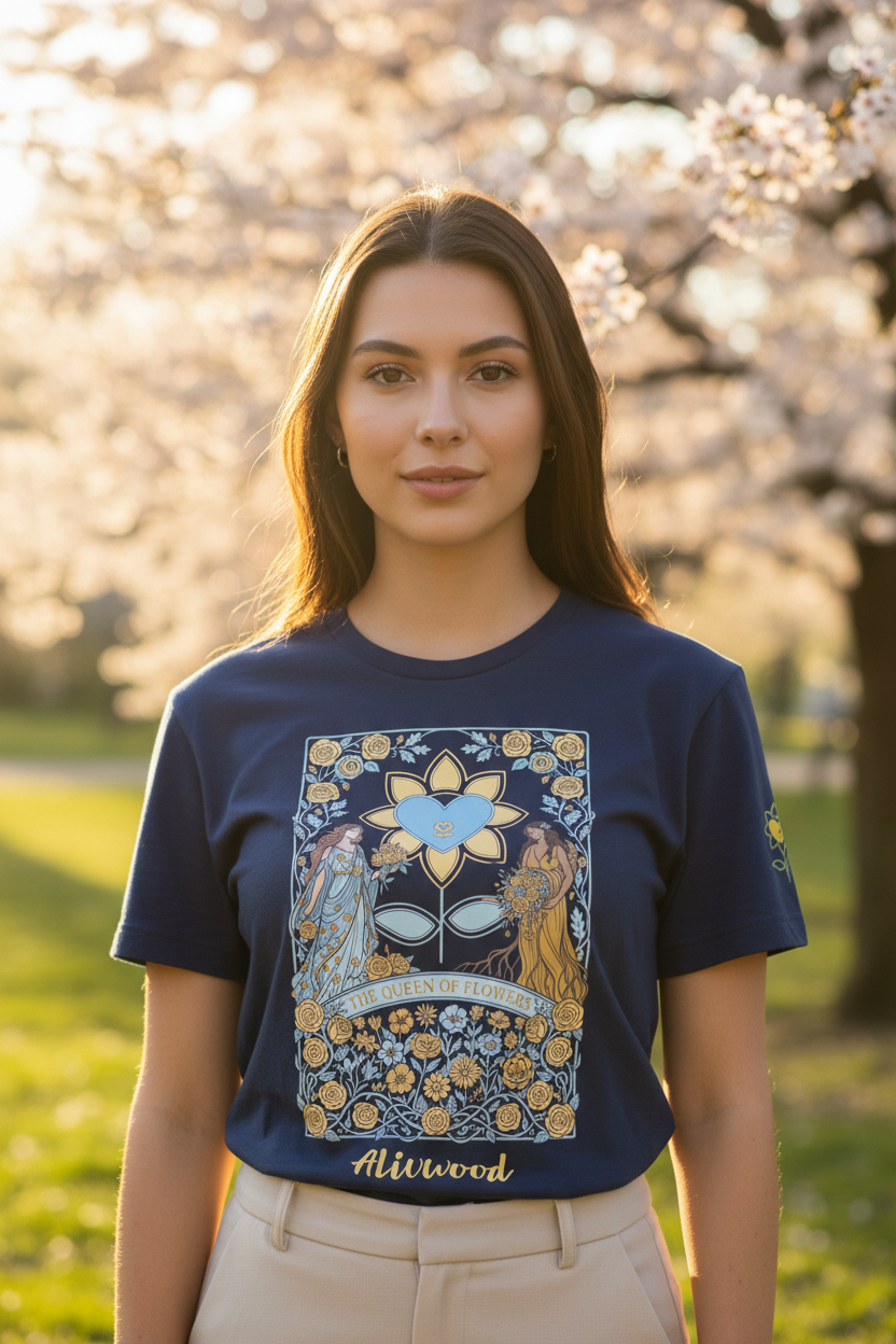 Queen of Flowers Tarot unisex T-shirt with floral tarot graphic, soft cotton fit, available in multiple colors