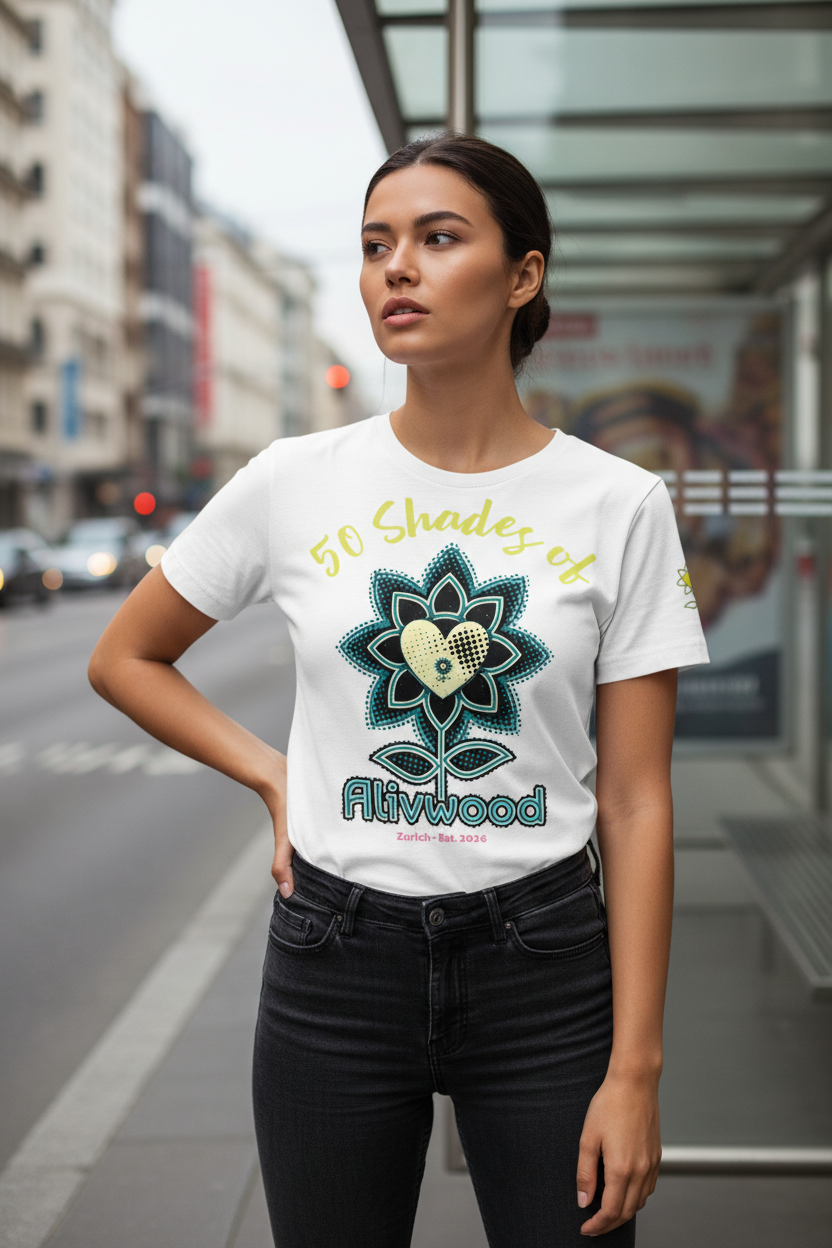 Woman wearing a white t-shirt with a colorful design and text, standing on a city street.