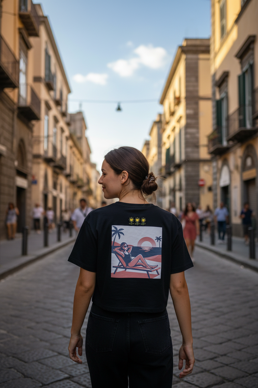 Woman walking down a street wearing a black t-shirt with a graphic design on the back.