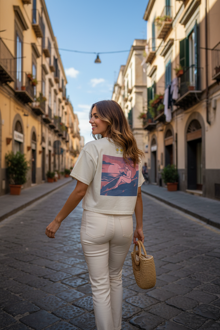 Woman walking down a sunlit street in an urban setting