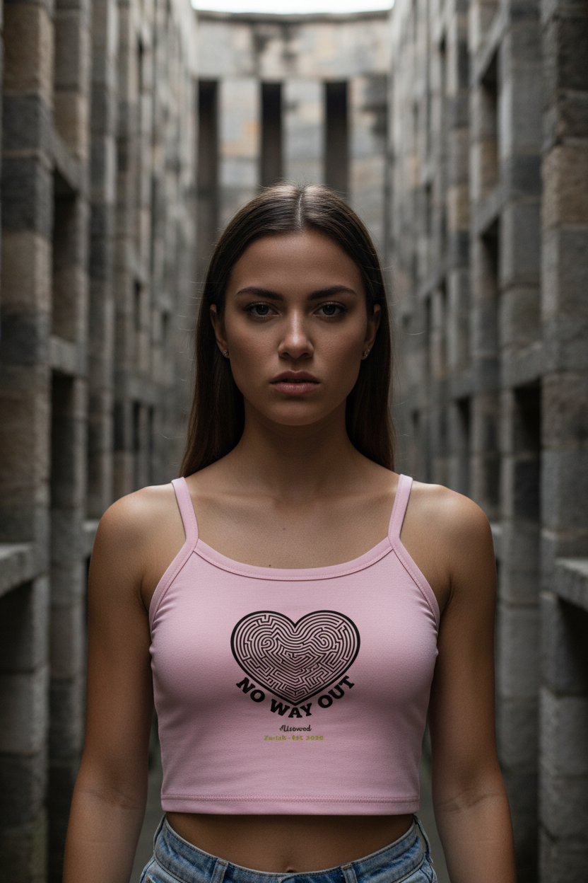 Woman wearing a pink tank top with a heart design in an urban setting