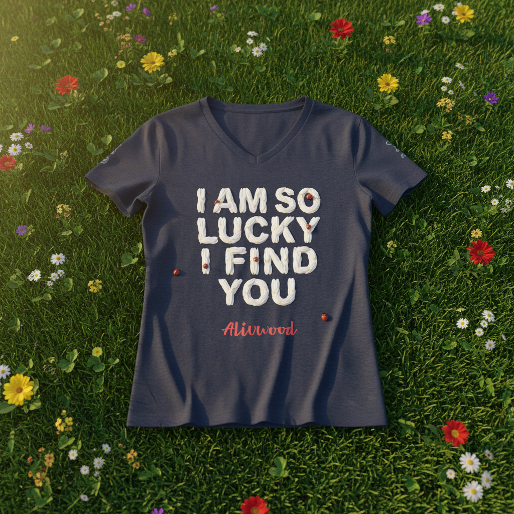 Navy blue t-shirt with 'I AM SO LUCKY I FIND YOU' text on grass with flowers