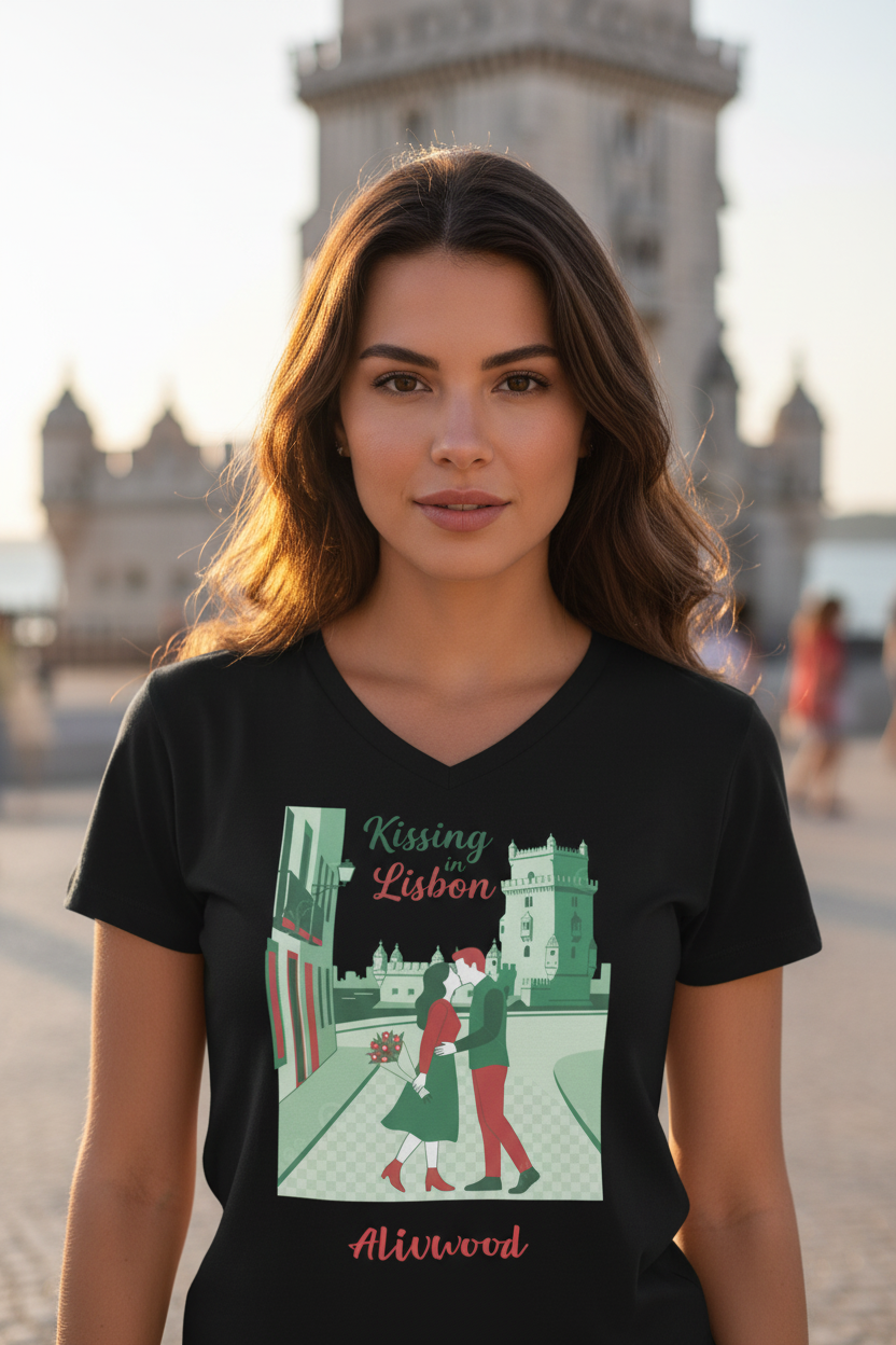 Woman wearing a black t-shirt with 'Kissing Lisbon' design in front of a cityscape.