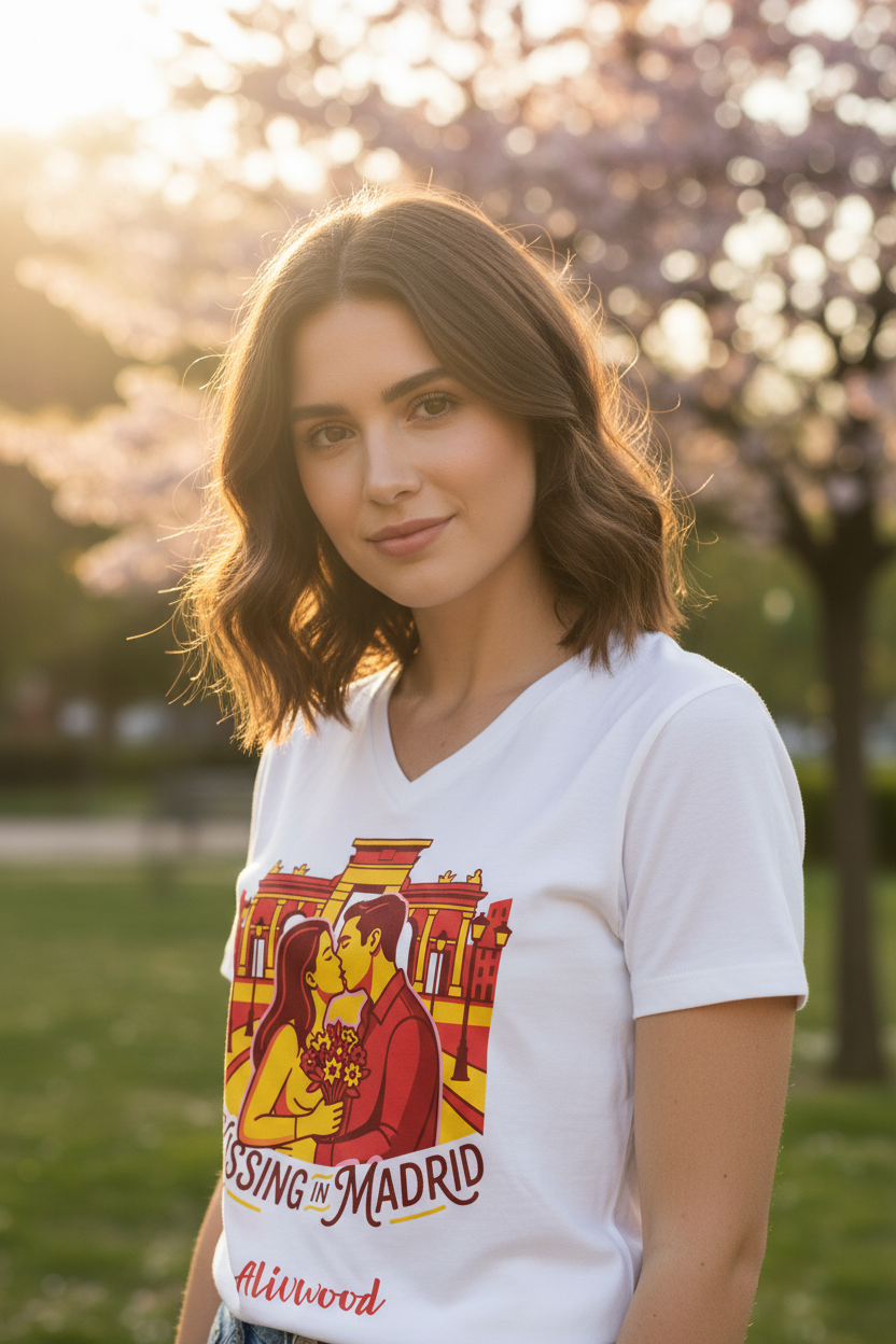 Woman wearing a white t-shirt with a colorful graphic design in a park with cherry blossoms.