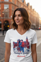 Woman wearing a white t-shirt with a 'Kissing in London' design on a city street.