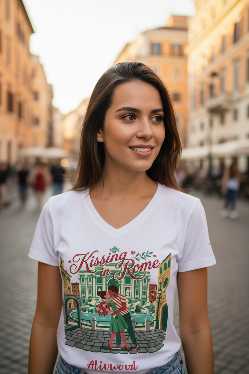 Woman wearing a white t-shirt with 'Kissing in Rome' design in an urban setting