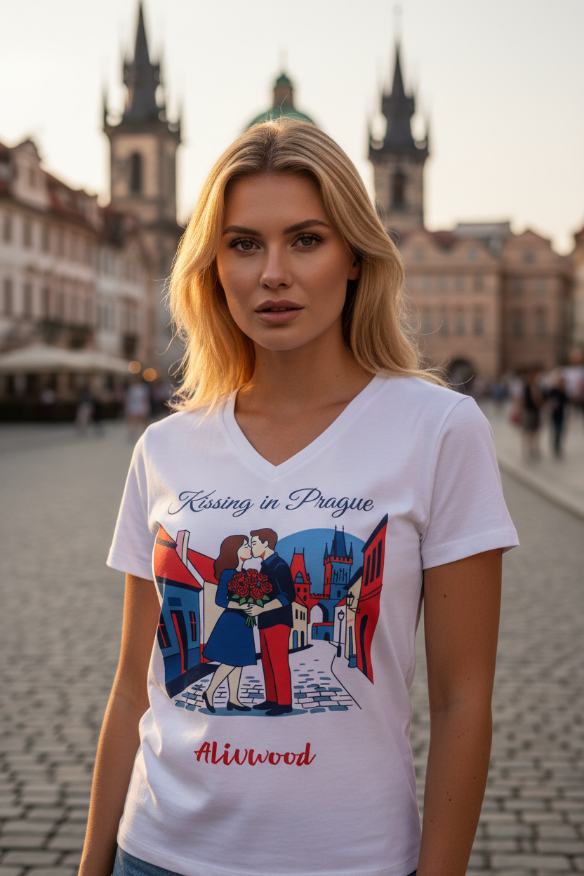 Woman wearing a white t-shirt with a graphic design in an urban setting