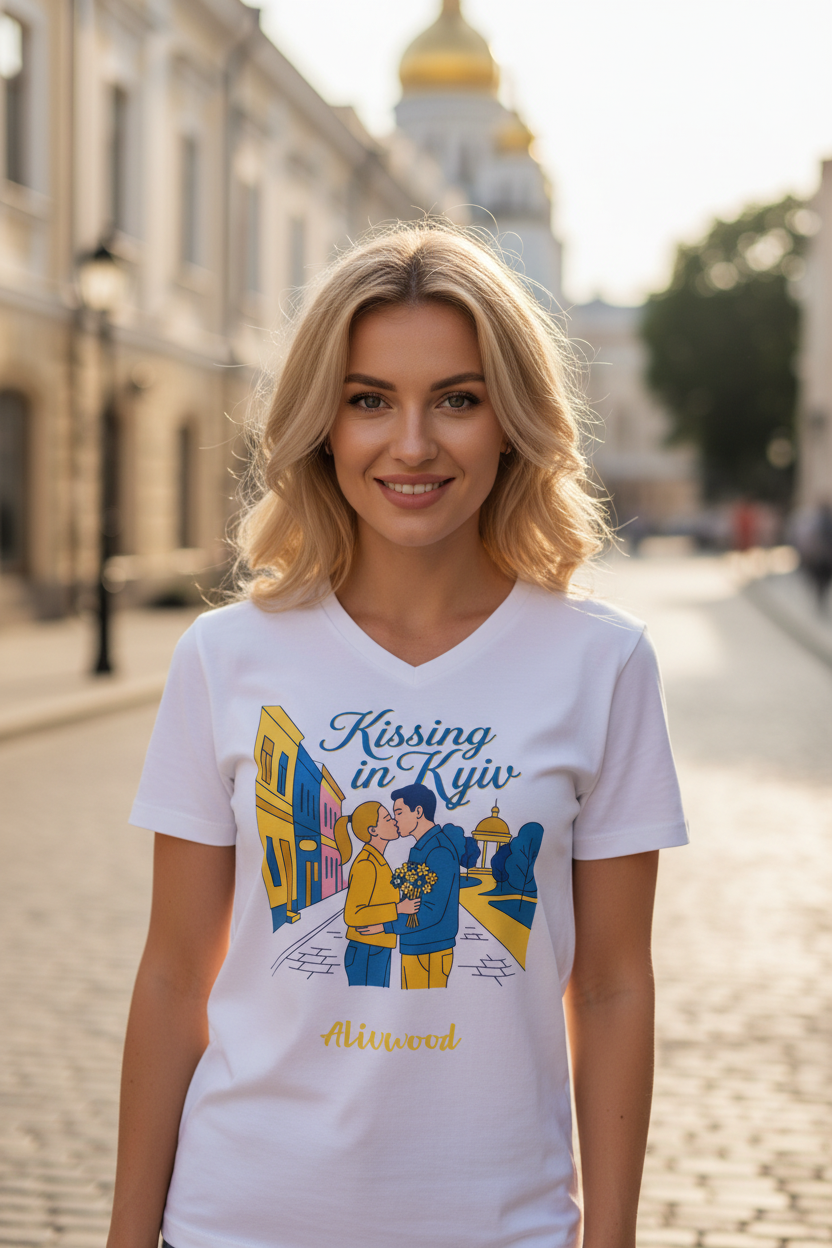 Woman wearing a white t-shirt with a graphic design in an urban setting